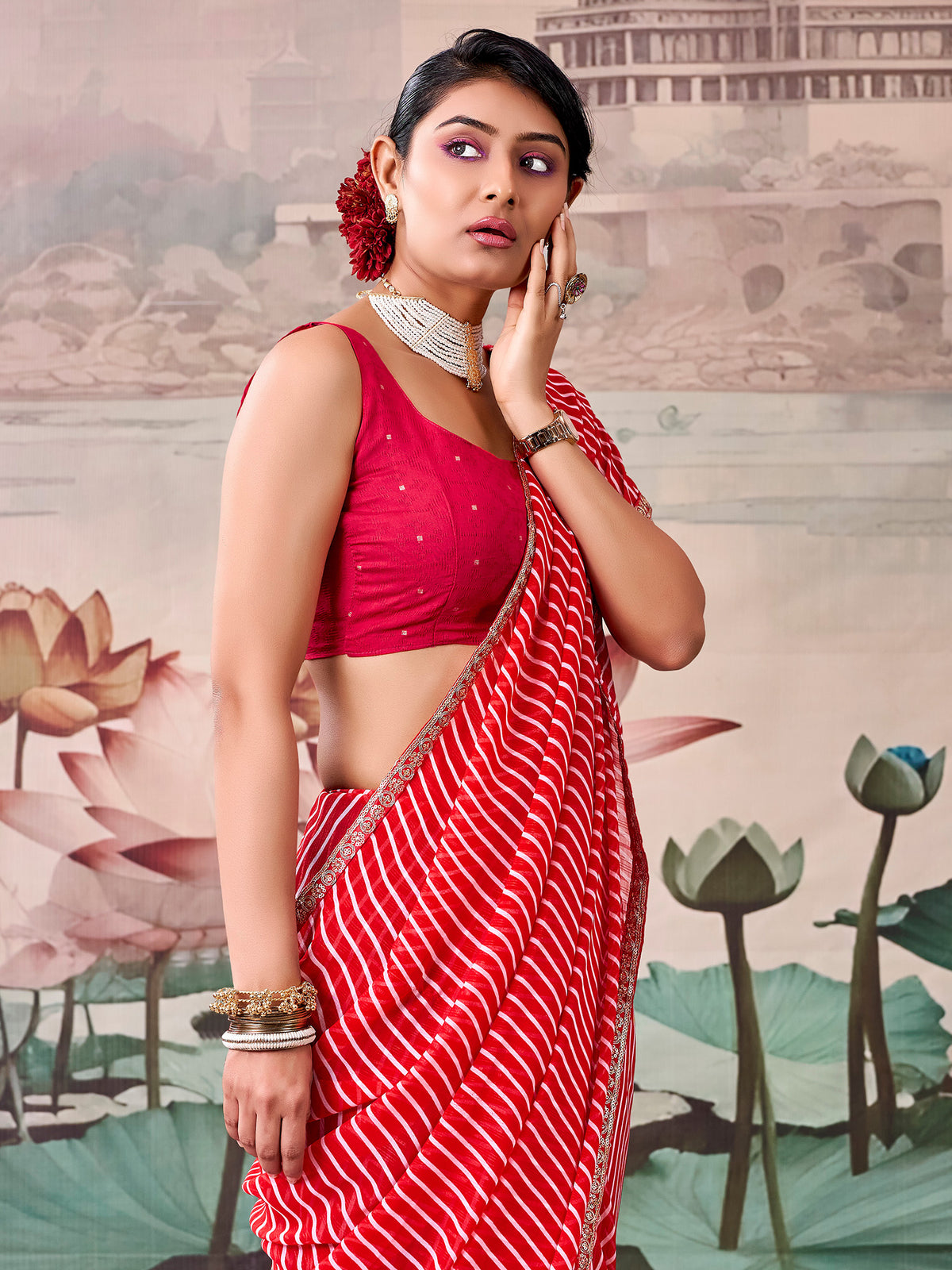 Red Georgette saree – detail view 2