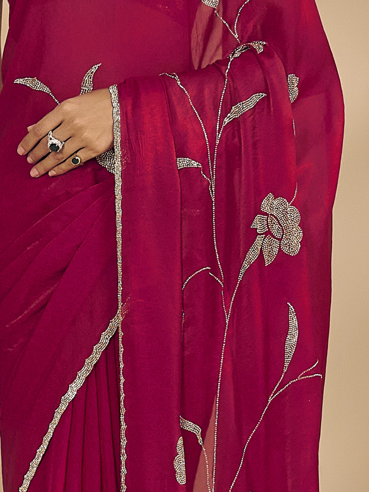 Pink satin silk saree view 5