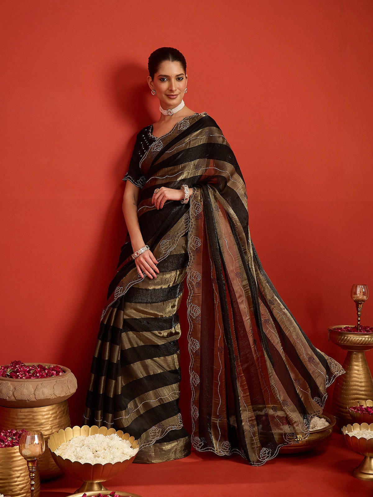 Black Satin Silk saree – detail view 2