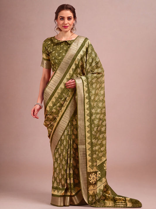 Woman wearing olive cotton silk saree with traditional indian motif work and olive blouse