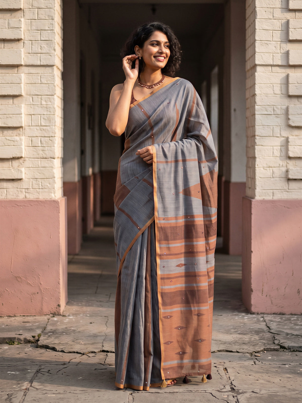 Woman wearing charcoal grey linen blend saree with geometric pattern design and rust blouse
