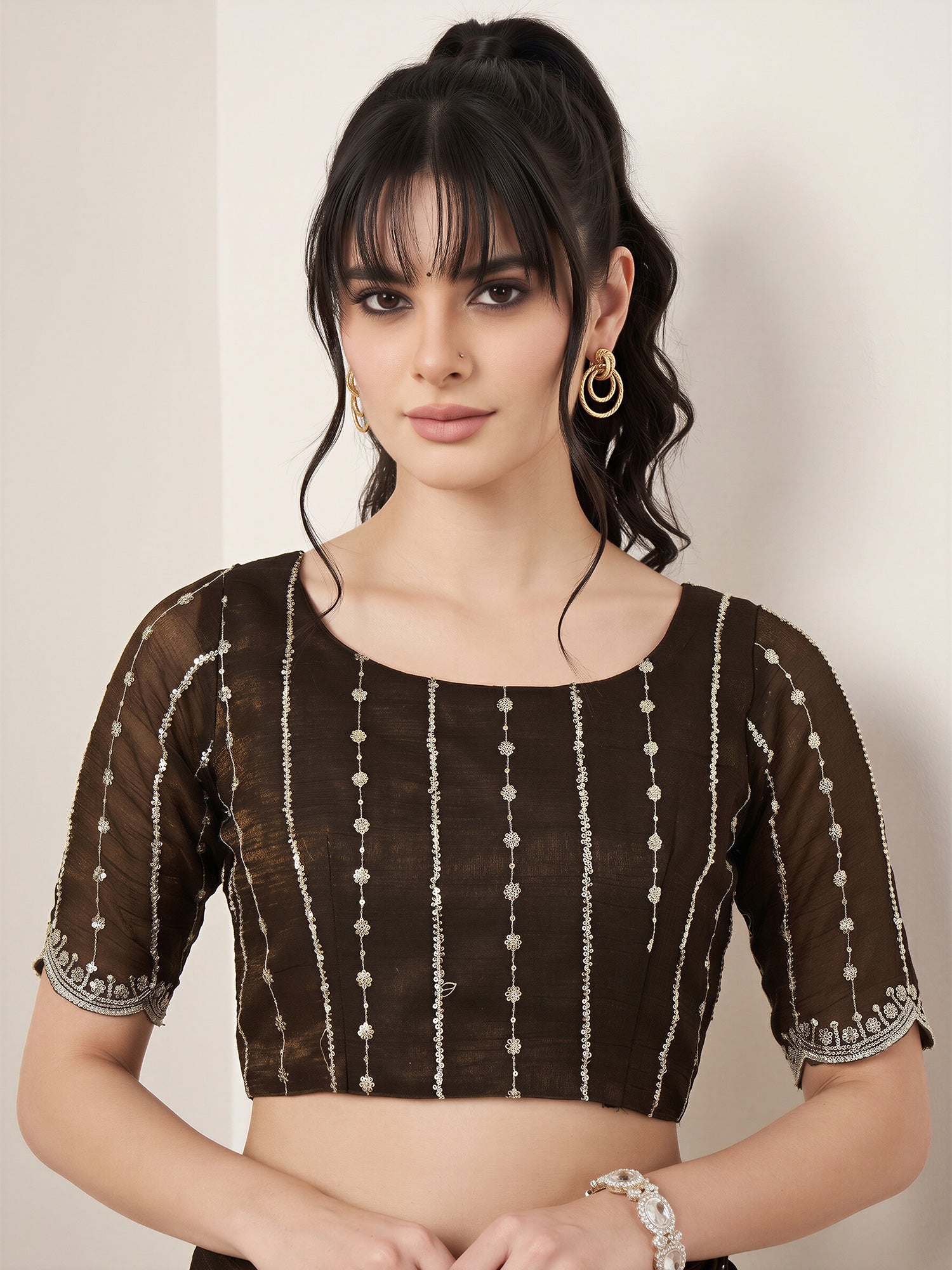 Unstitched olive chiffon blouse piece with striped design