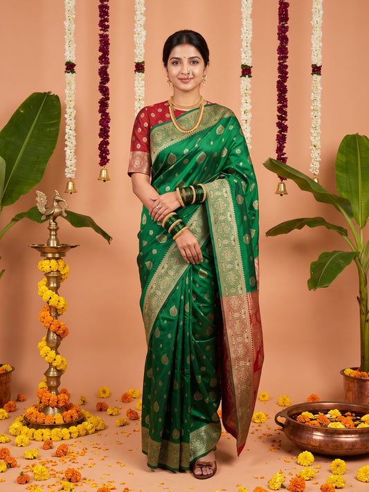 Woman wearing green silk blend saree with zari butta (metallic motif) work and brown blouse