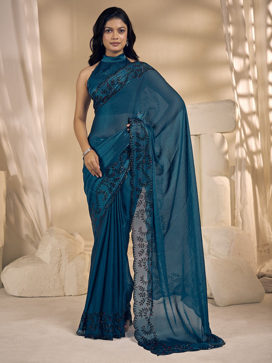 Teal Blue embellished satin silk saree with teal blue blouse piece