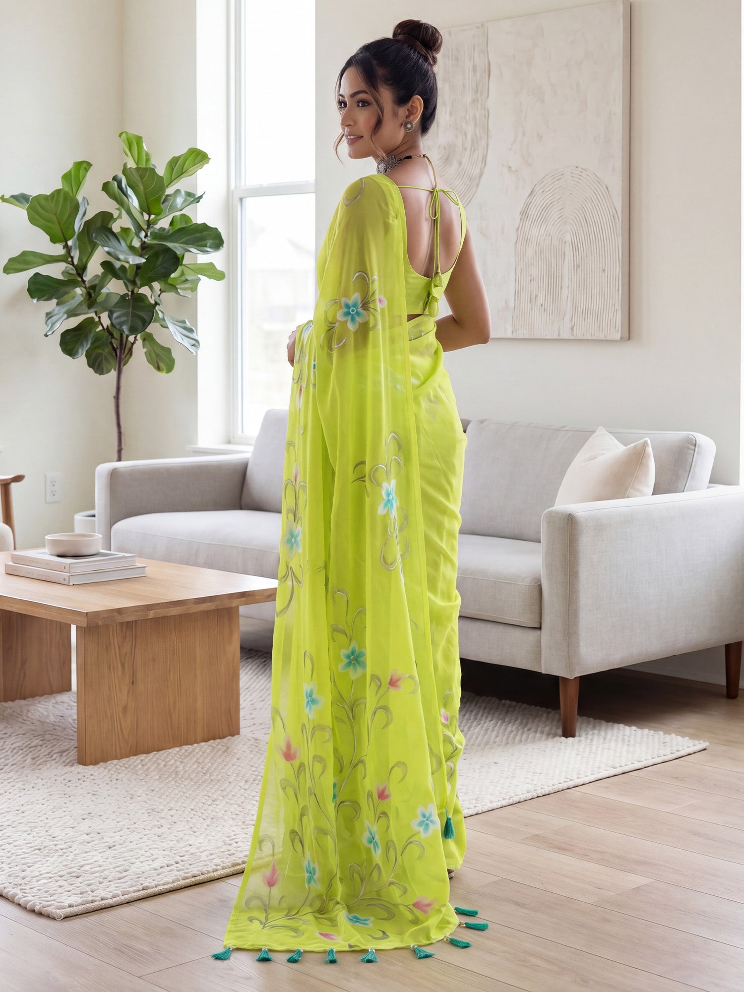 Lime Green Georgette saree – detail view 1