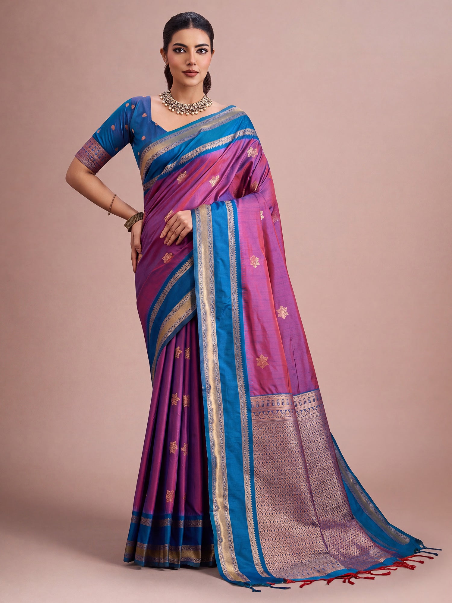 Woman wearing purple tussar silk saree with traditional indian motif work and blue blouse