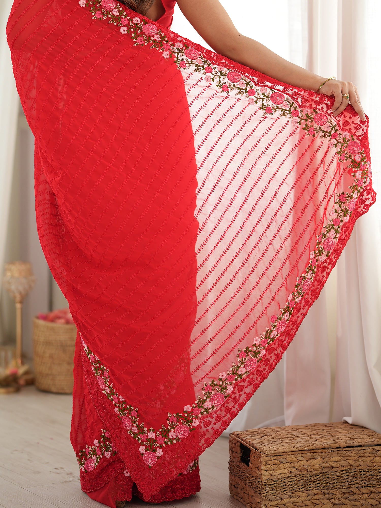 Red Georgette saree – detail view 5
