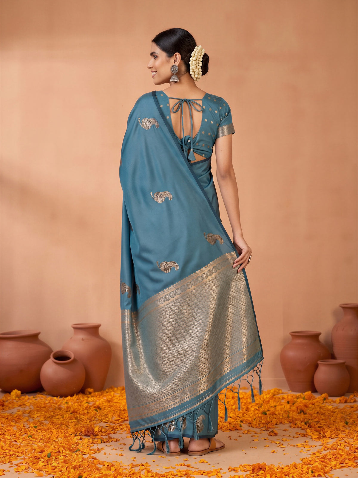 Teal Blue Satin Silk saree – detail view 1
