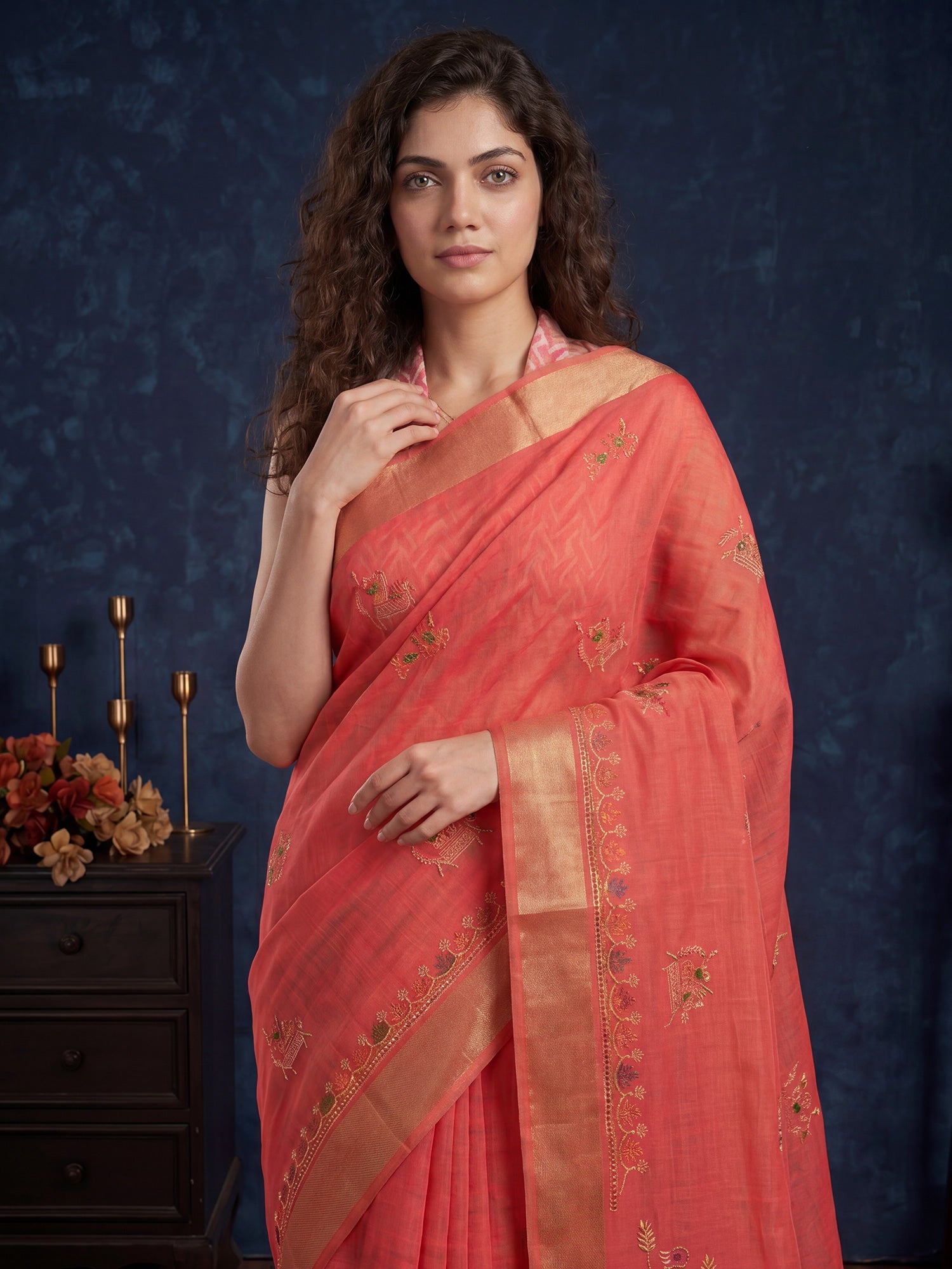 Peach Cotton Linen saree – detail view 4