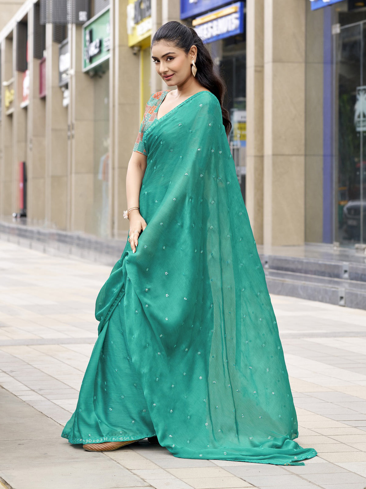 Teal Green Satin Silk saree – detail view 2
