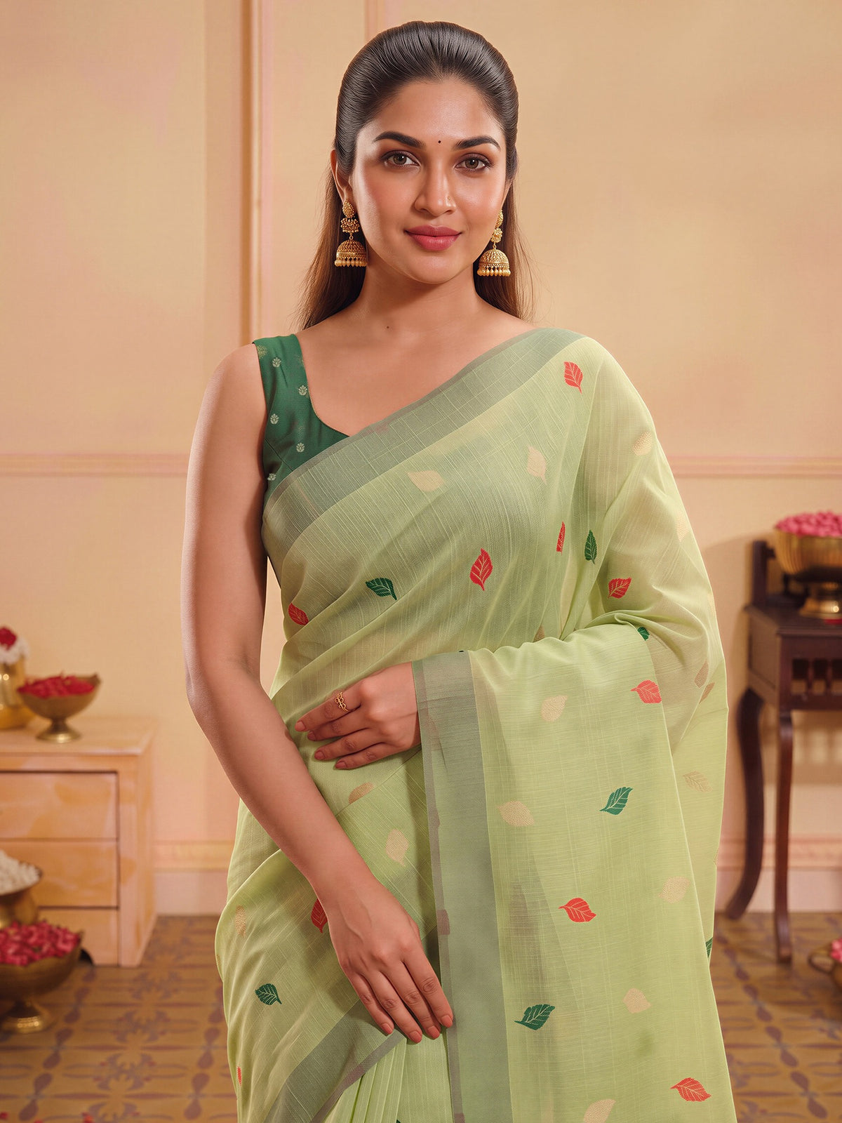 Lime Green silk blend saree view 4