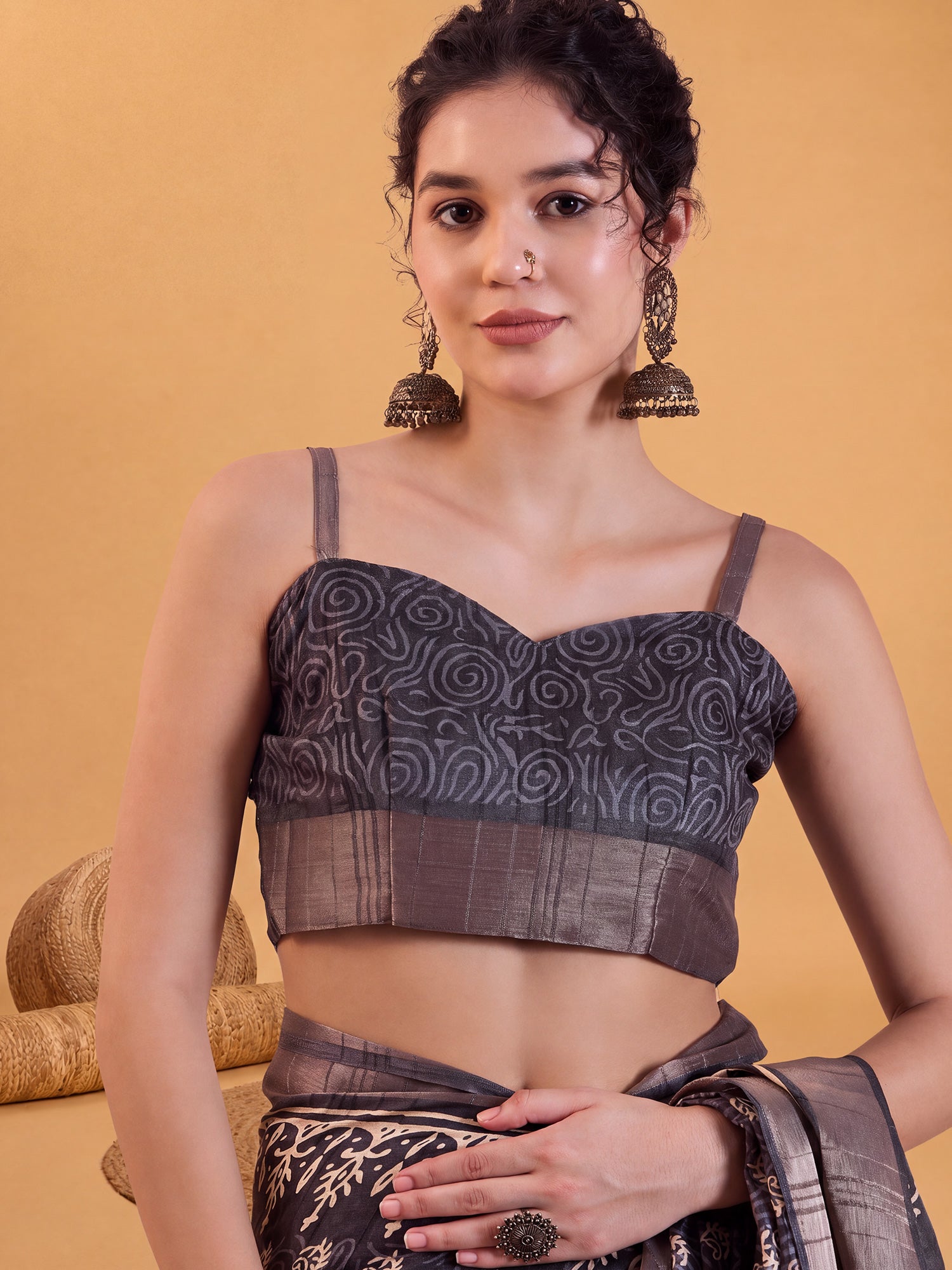 Unstitched black silk blend blouse piece with bagh design