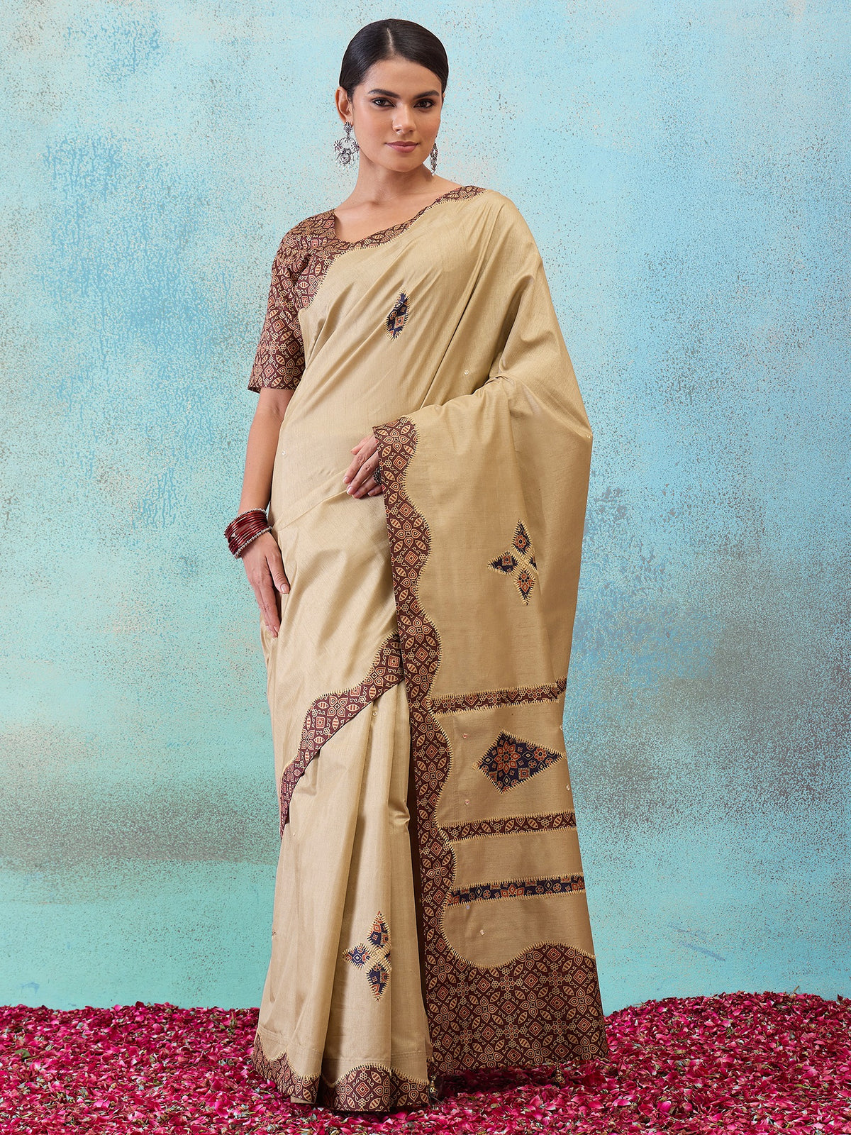 Light Brown applique silk blend saree with brown blouse piece