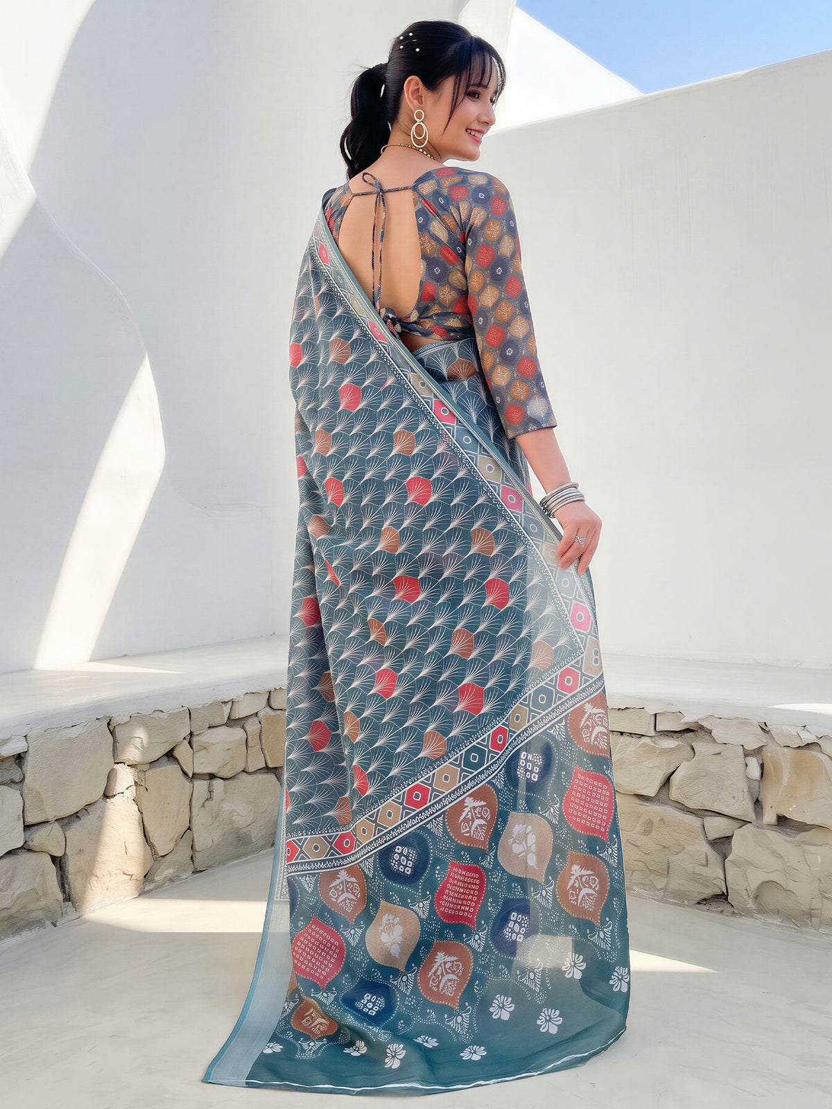 Sea Green Cotton Linen saree – detail view 1