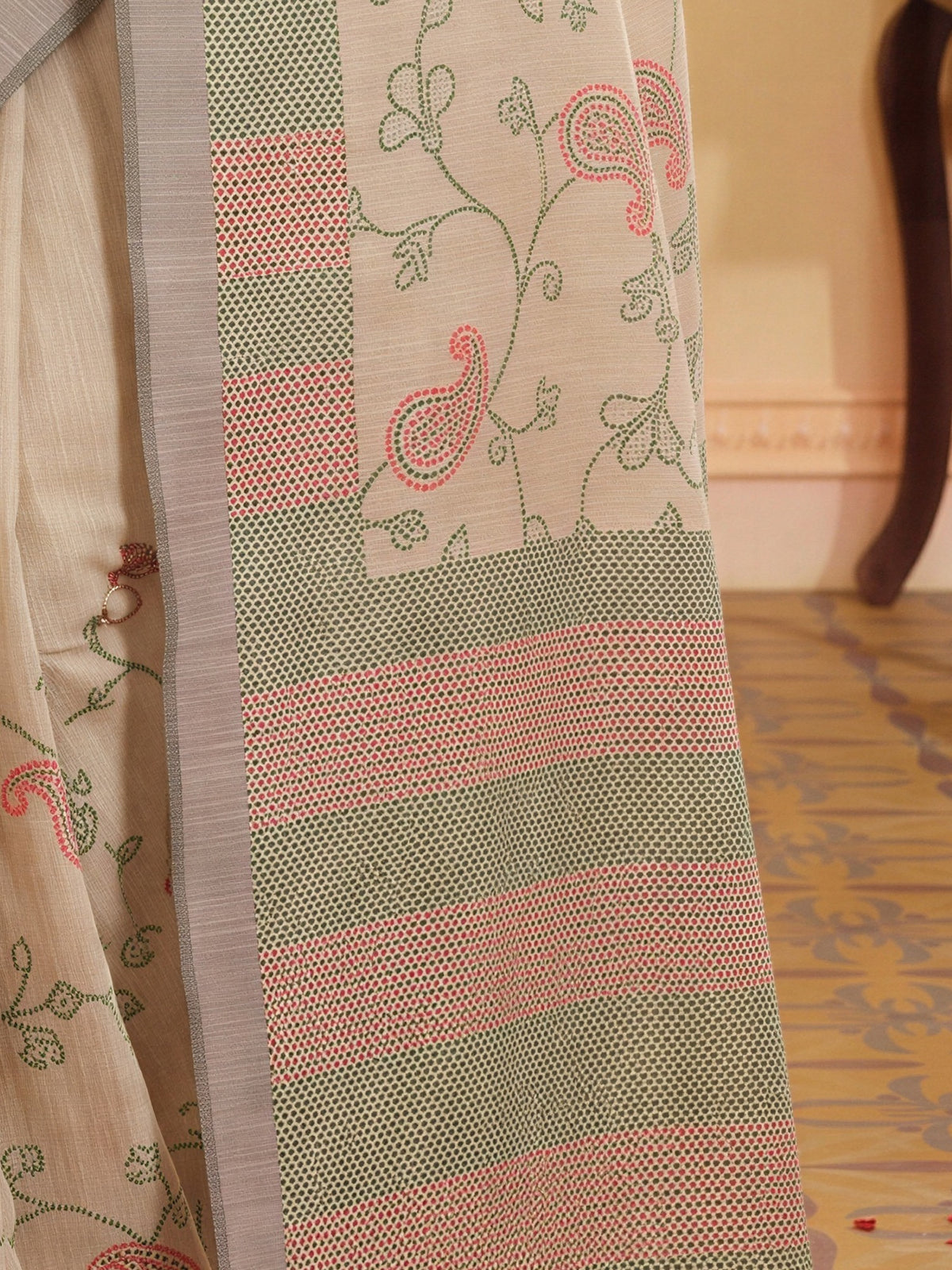 Pallu detail of beige silk blend saree showing woven motif design and woven design border