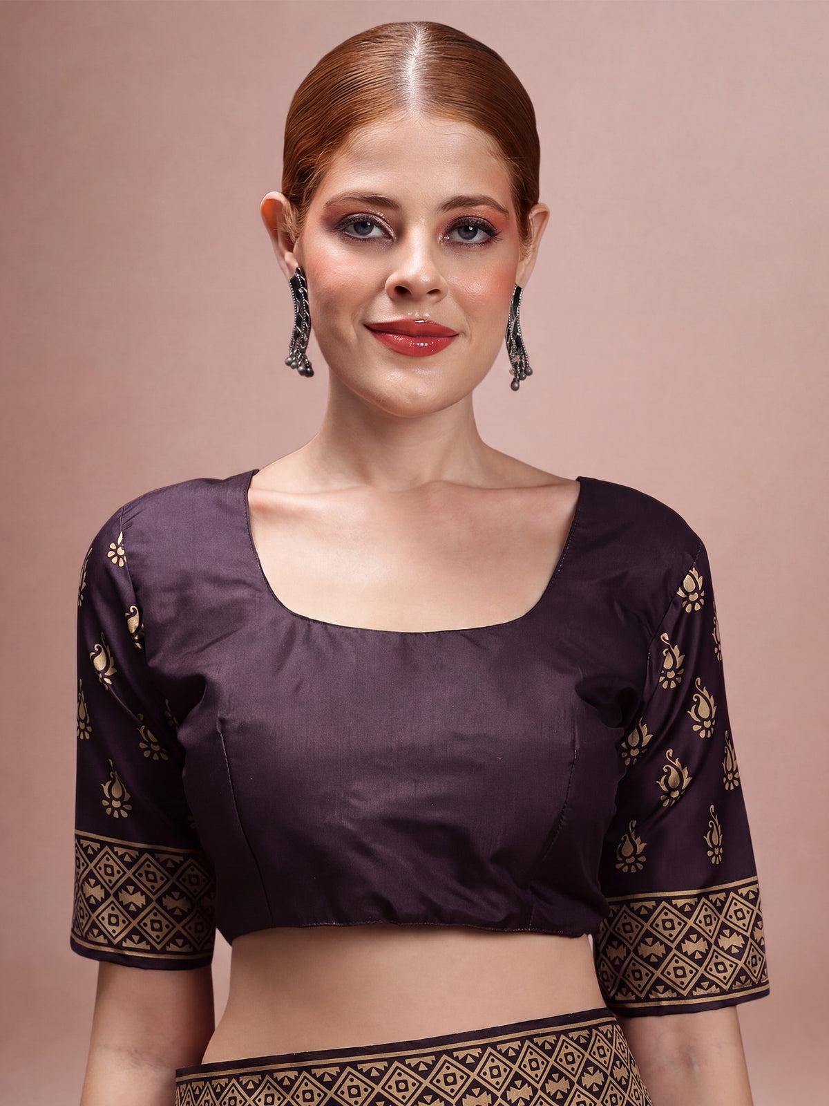Unstitched dark brown silk blend blouse piece with ethnic motif design