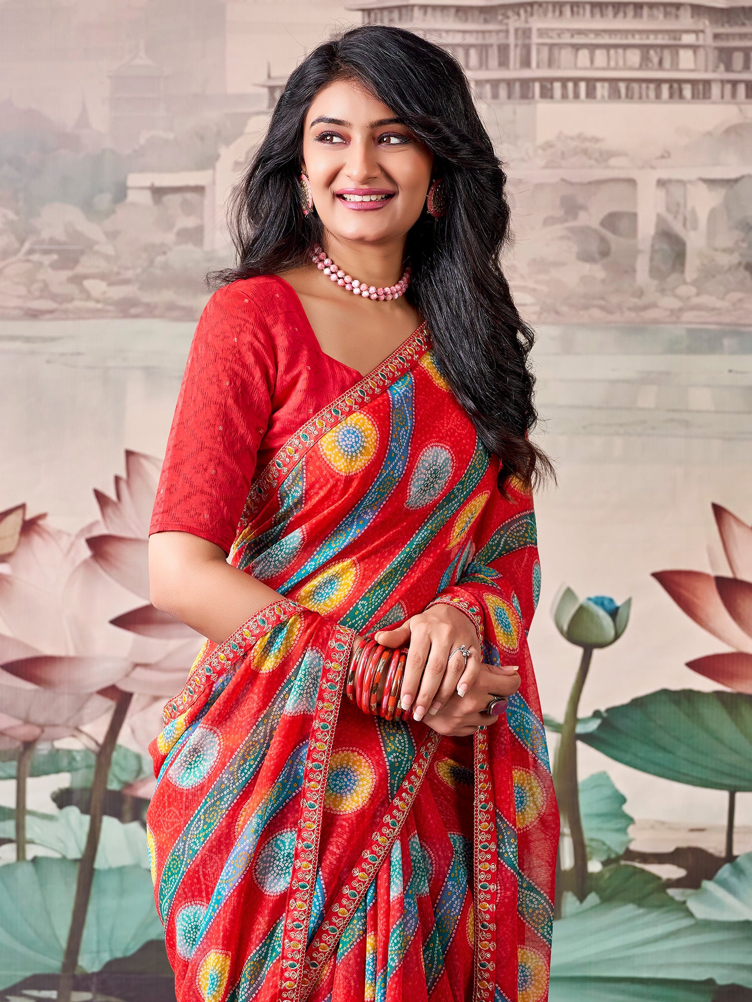 Red Georgette saree – detail view 2