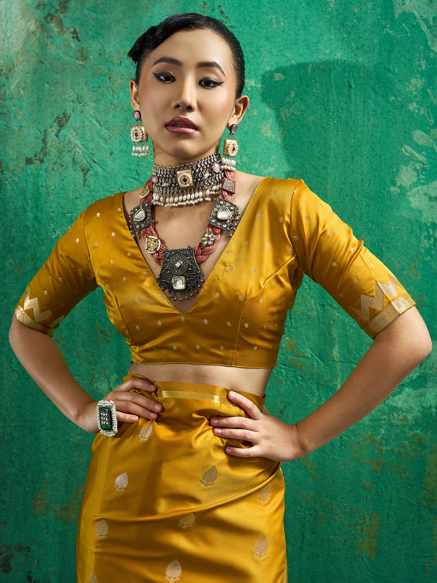 Unstitched yellow satin silk blouse piece with zari butta design