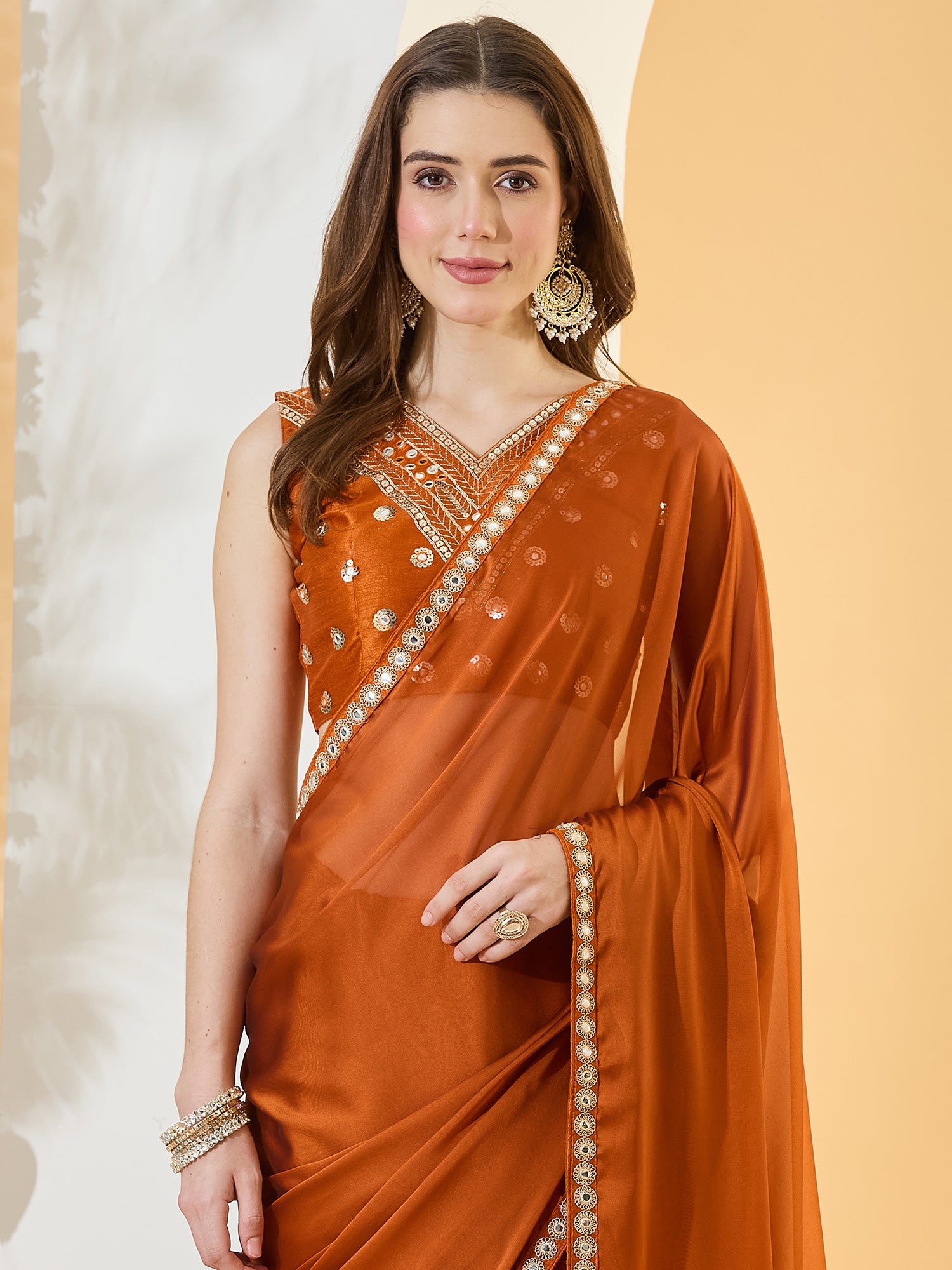 Rust Pure Georgette saree – detail view 4