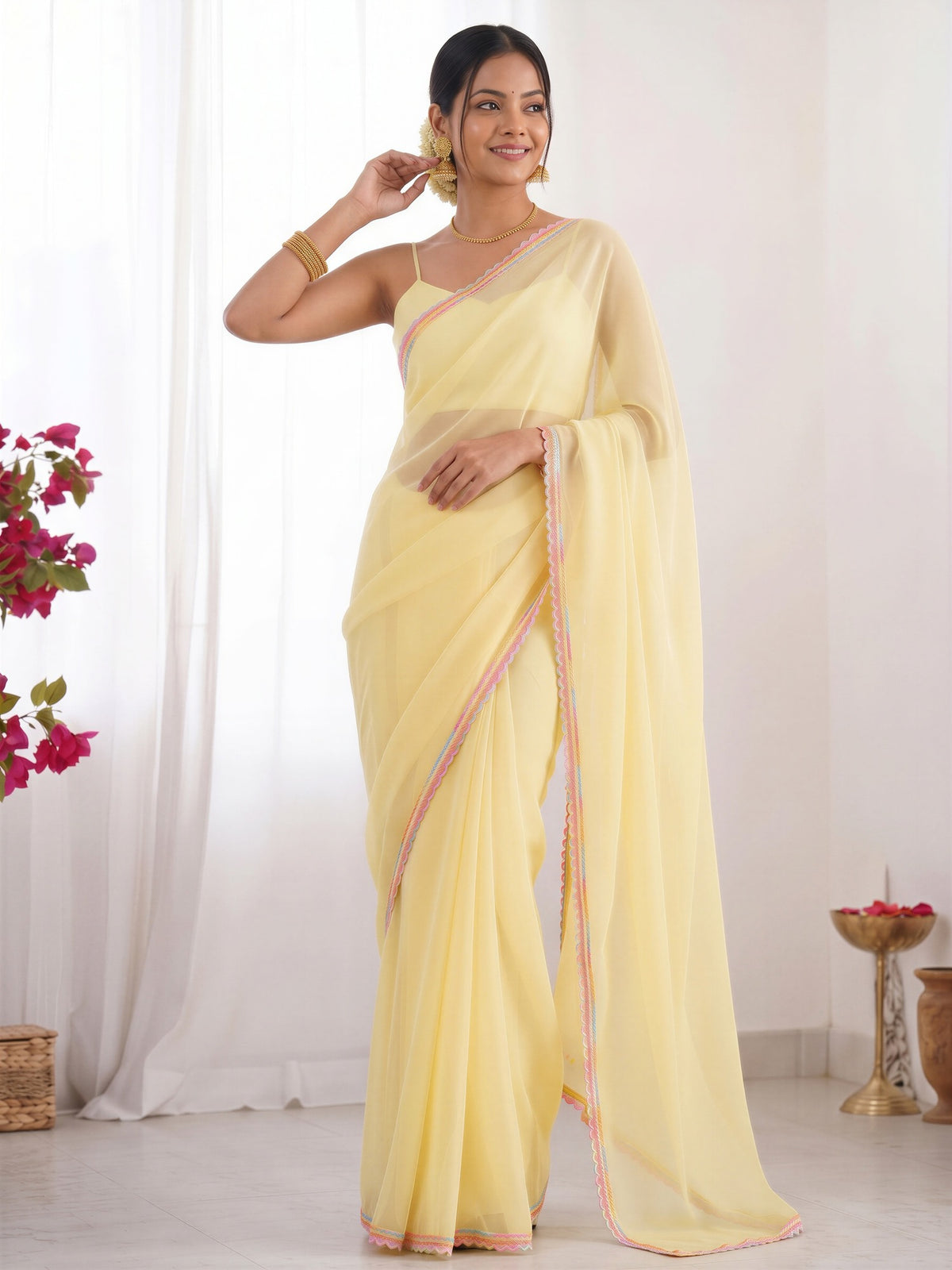 Yellow satin silk saree view 3