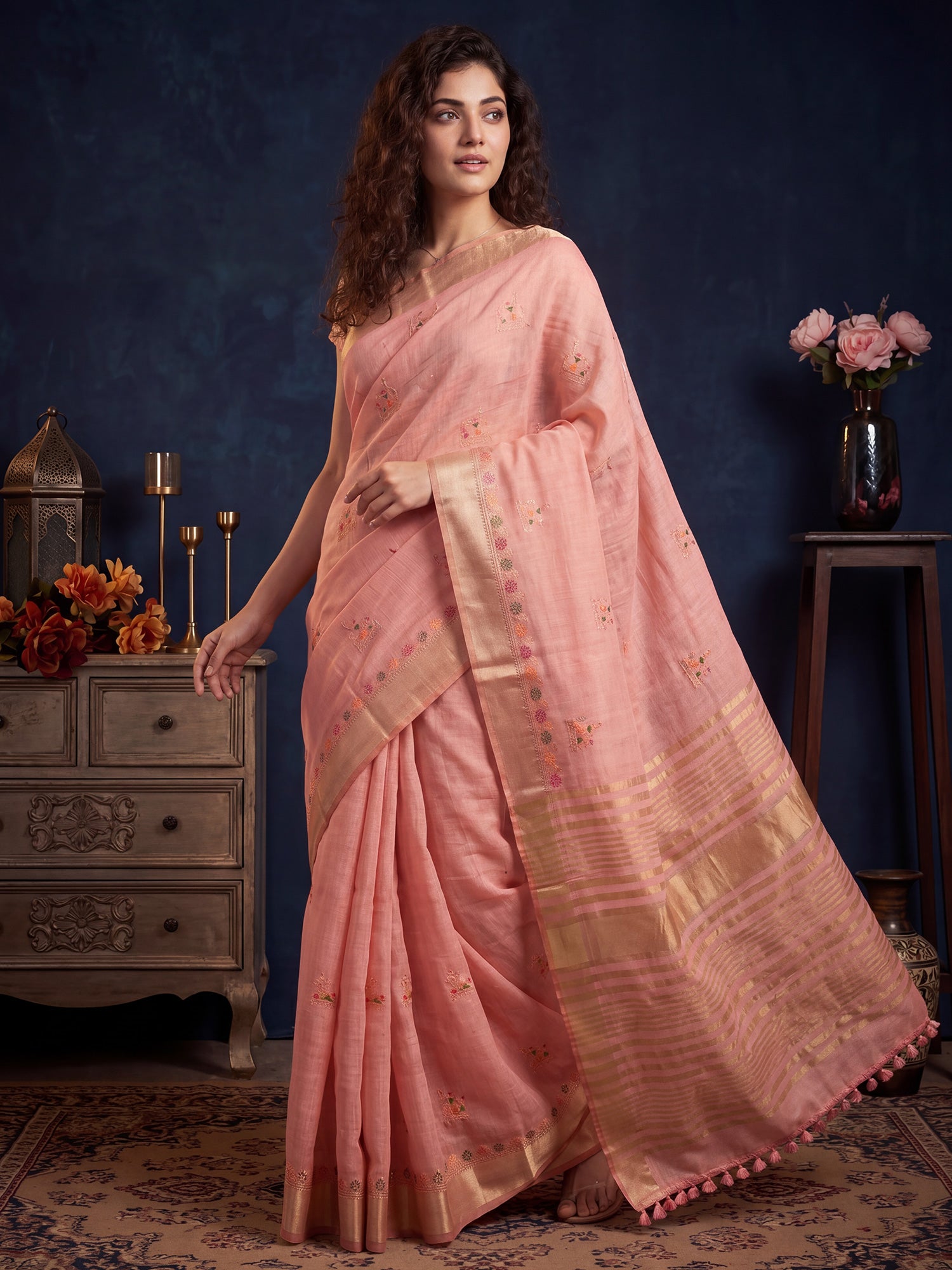 Pink Cotton Linen saree – detail view 3
