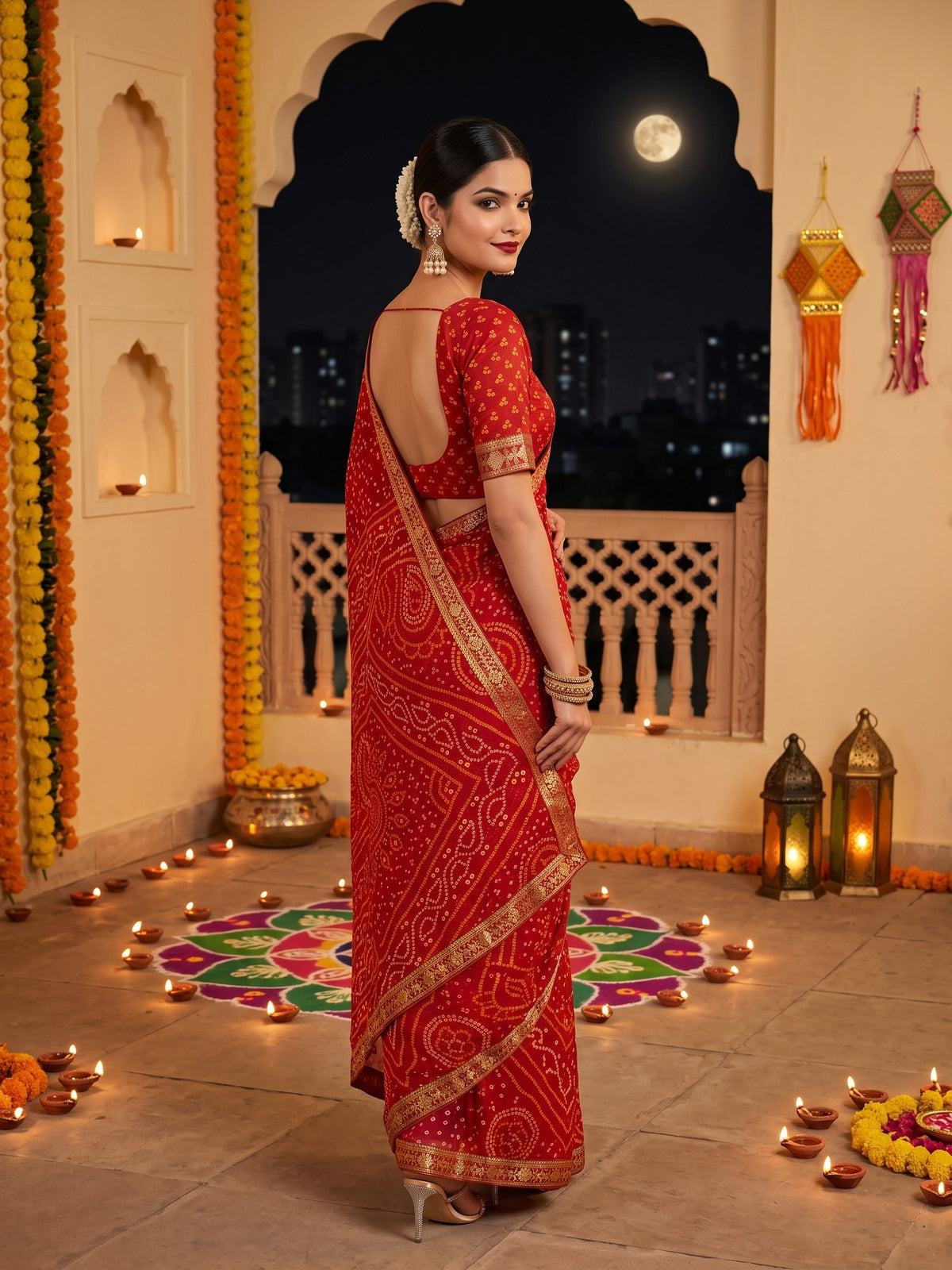Red Chiffon saree – detail view 2