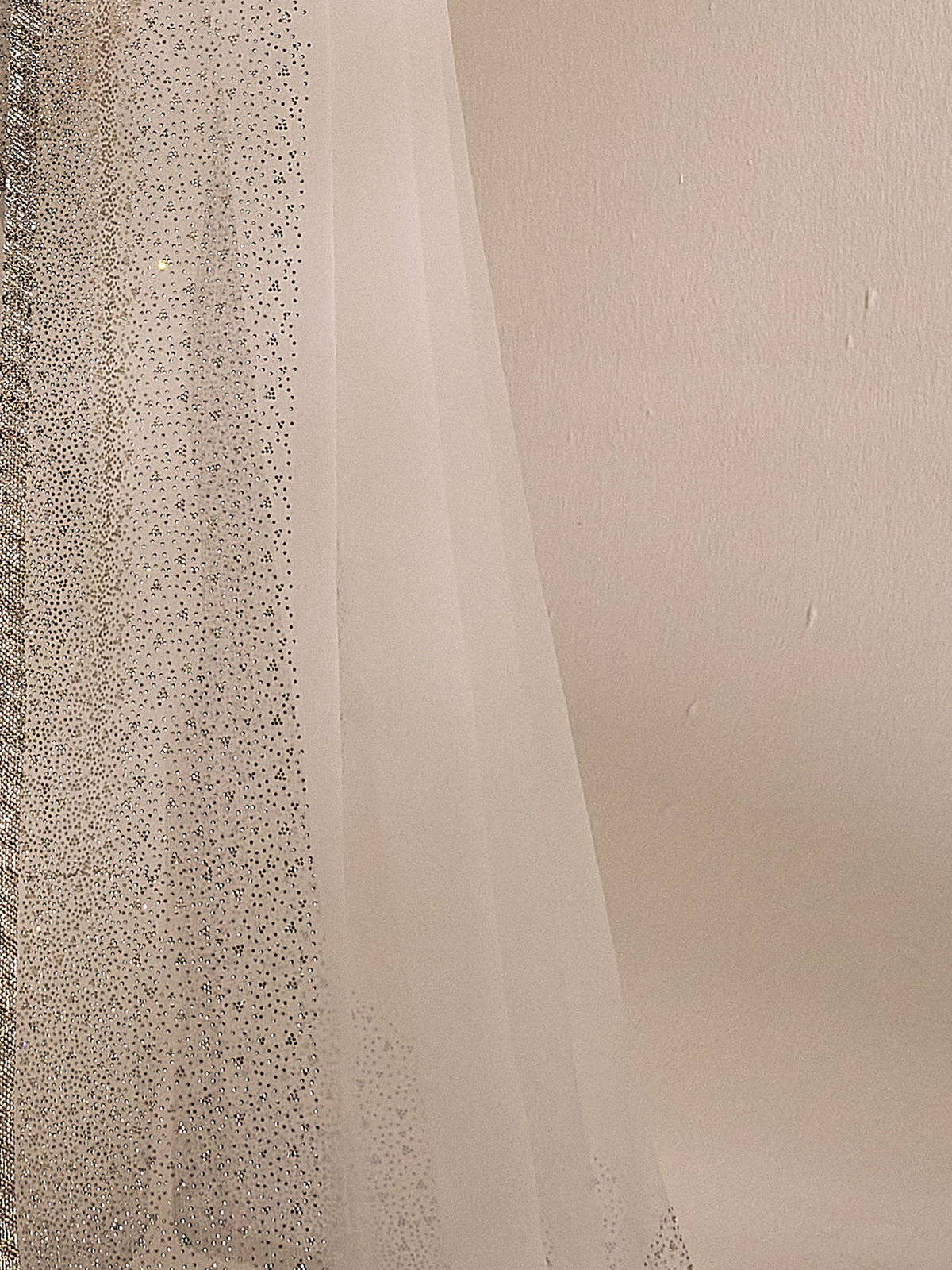 Pallu detail of off white chiffon saree showing ornamented surface design and embellished border