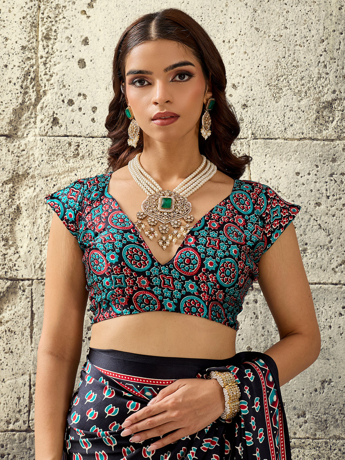 Unstitched teal blue satin blouse piece with ajrak design