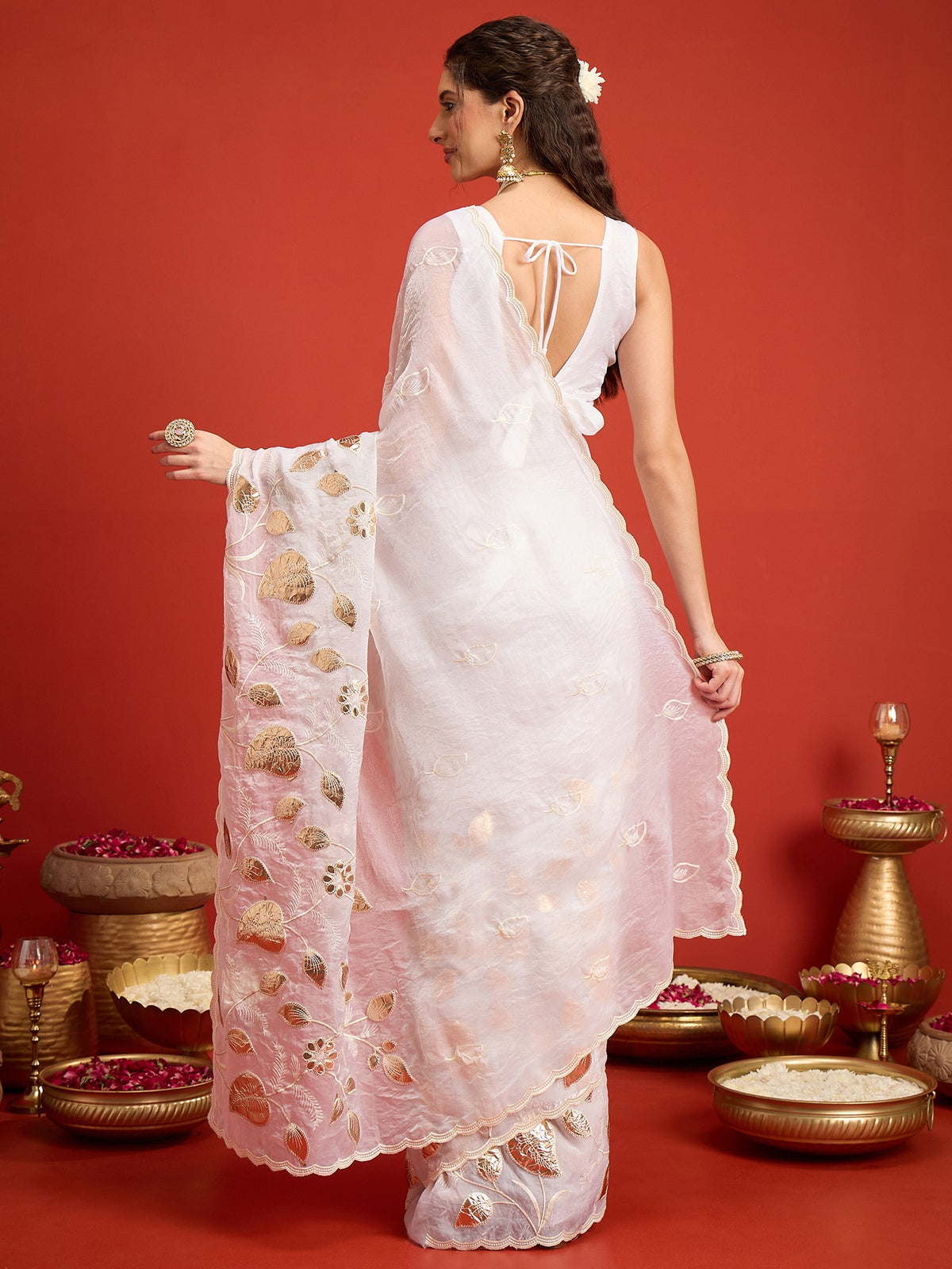 White Satin Silk saree – detail view 6