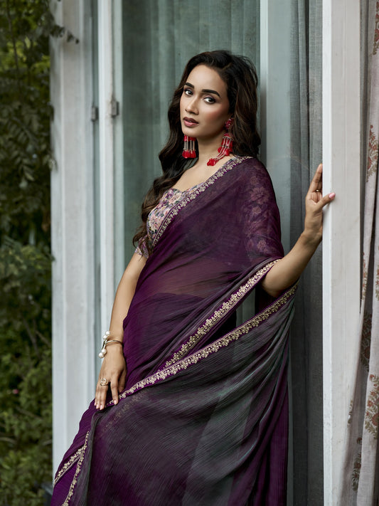 Wine chiffon saree view 1