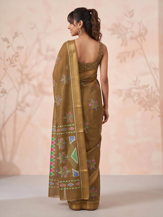 Olive Cotton Linen saree – detail view 1
