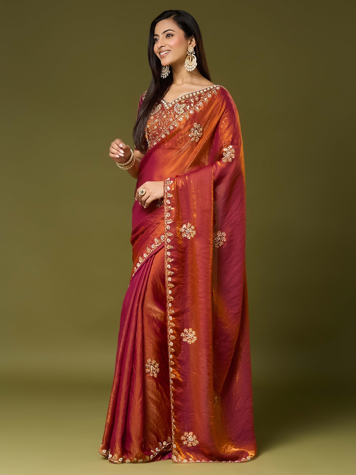 Orange Satin Silk saree – detail view 2