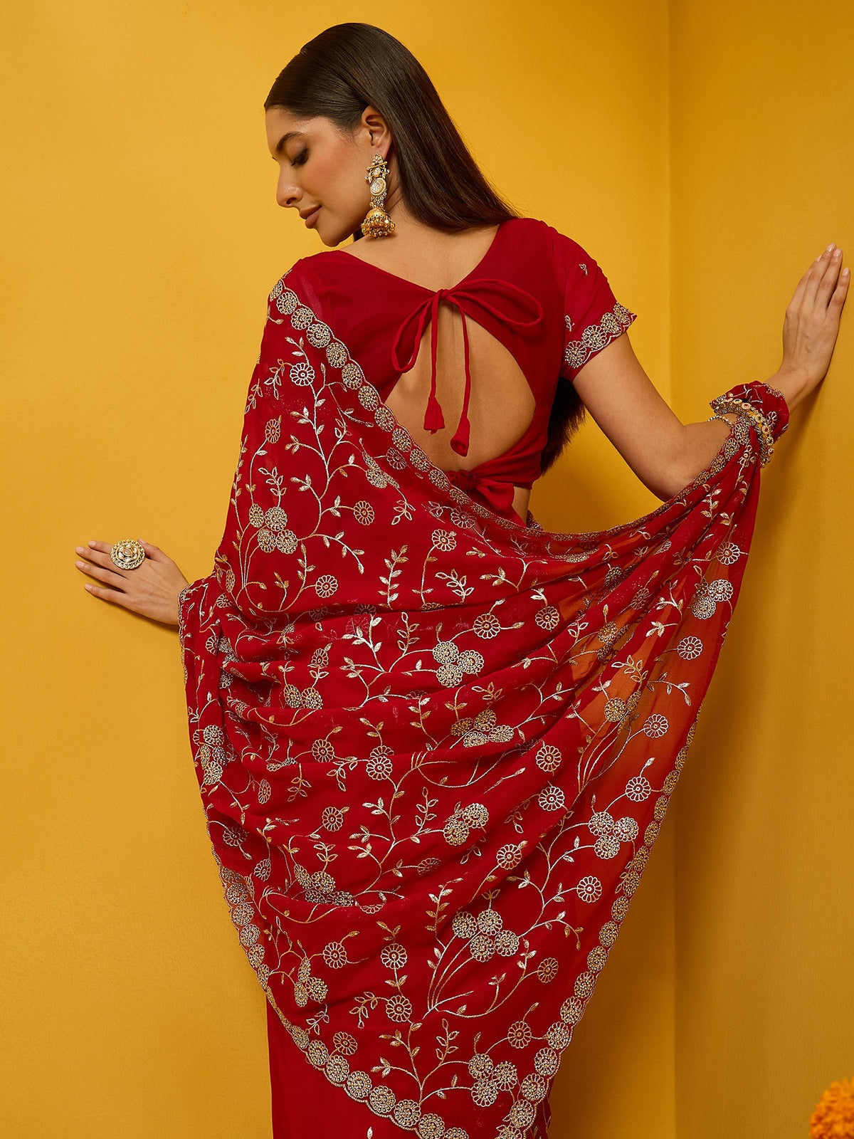Red Georgette saree – detail view 6