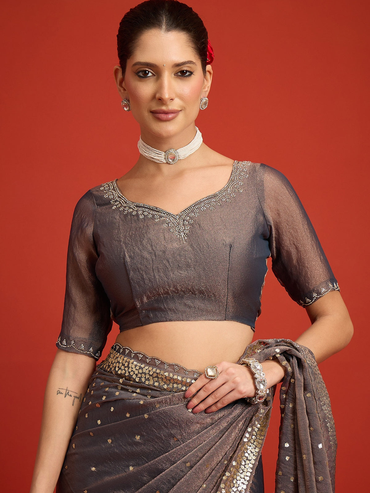 Charcoal Grey Organza saree – detail view 3
