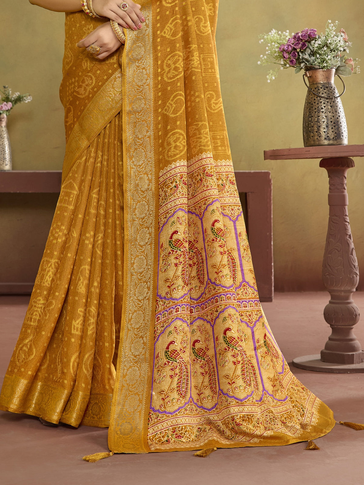 Mustard tussar silk saree view 1