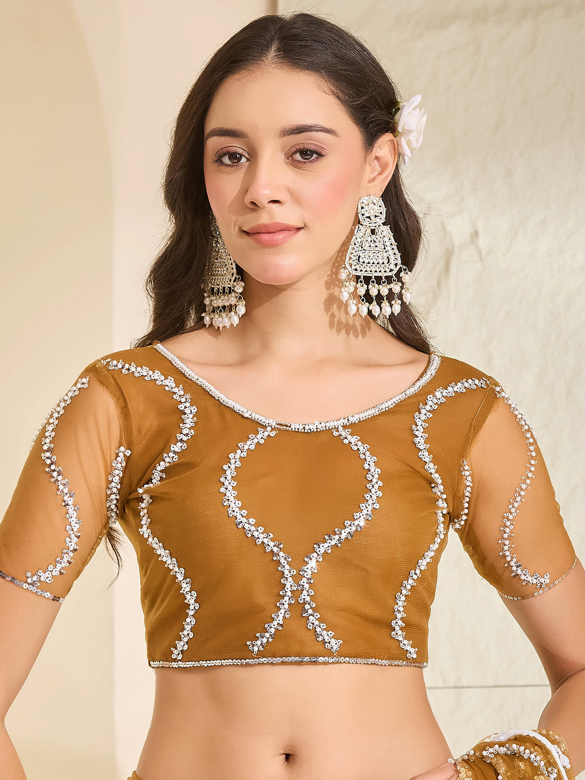Unstitched light brown net blouse piece with embellished design