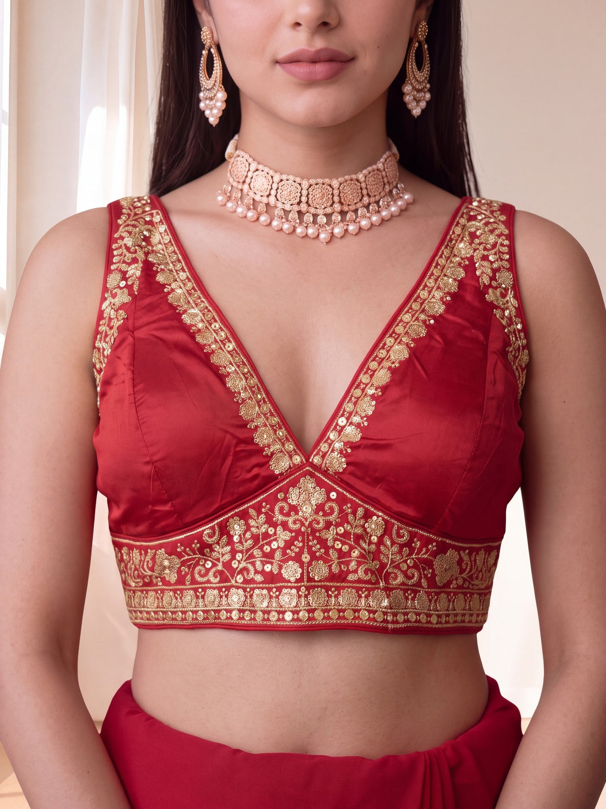 Red sequin embellished silk blend sleeveless readymade saree blouse with deep v neck view 1