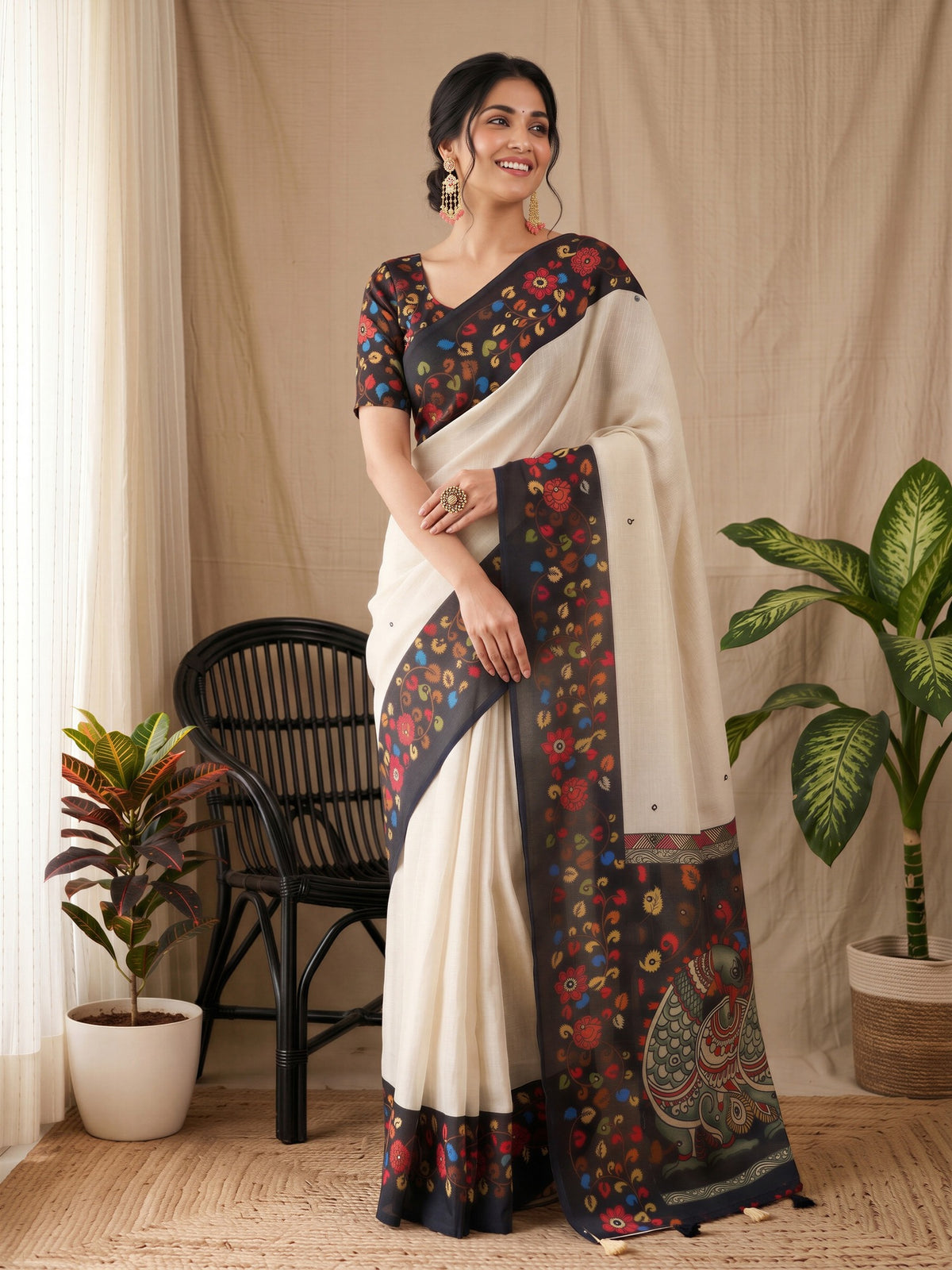 Off White Linen Blend saree – detail view 3