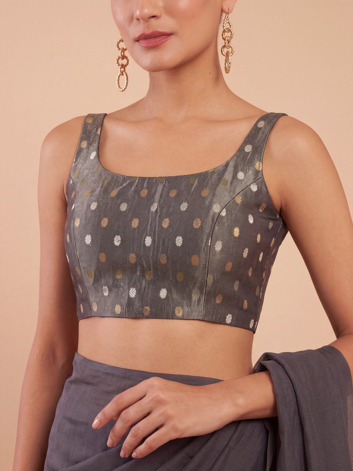 Olive zari woven georgette sleeveless readymade saree blouse with round neck view 3