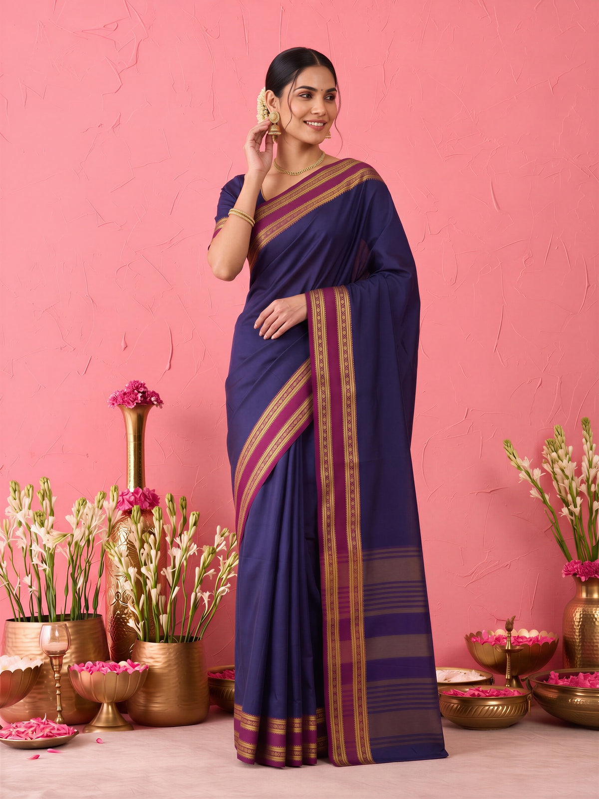 Purple solid cotton blend saree with purple blouse piece