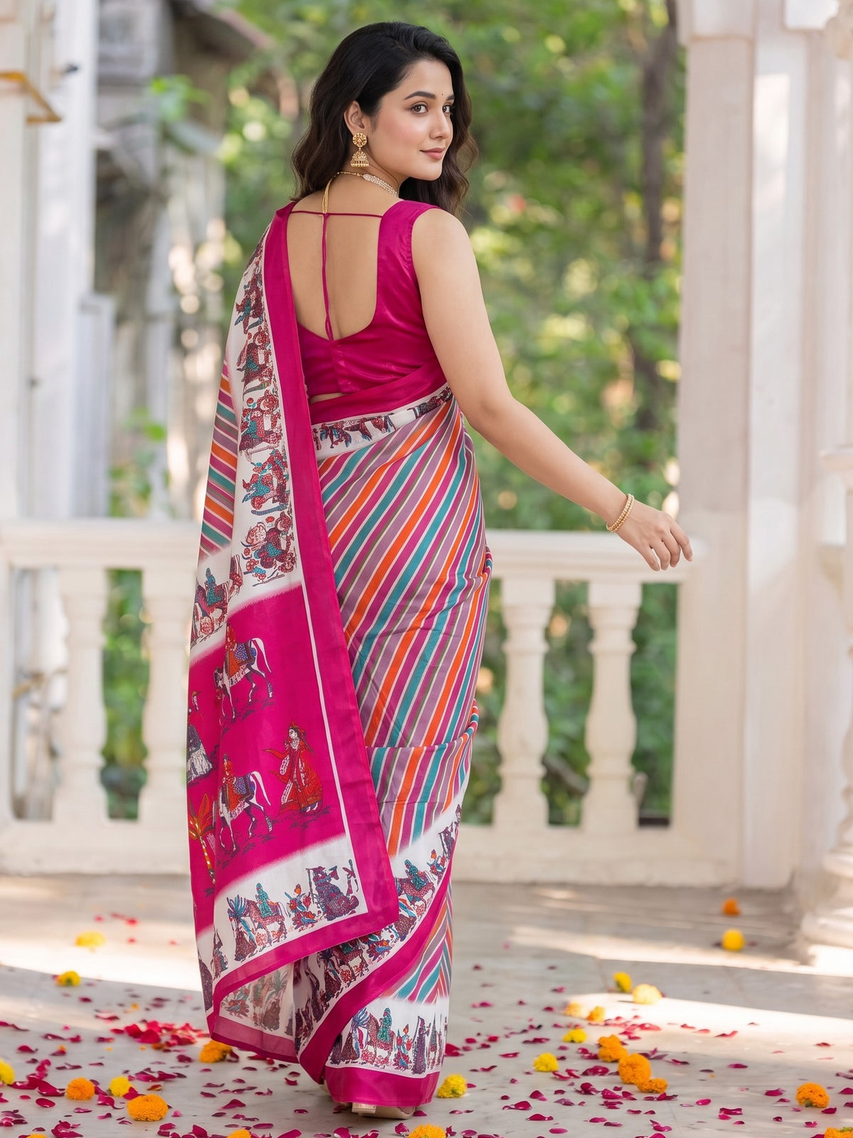 Pink crepe saree view 1