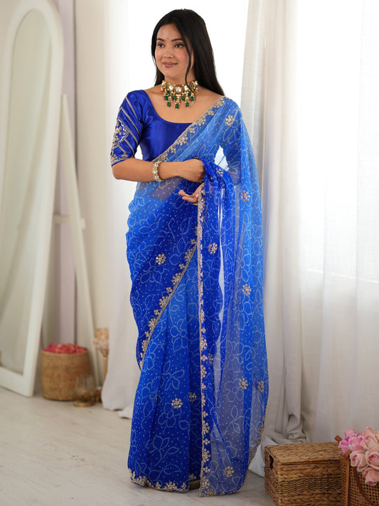 Blue bandhani georgette saree with blue blouse piece