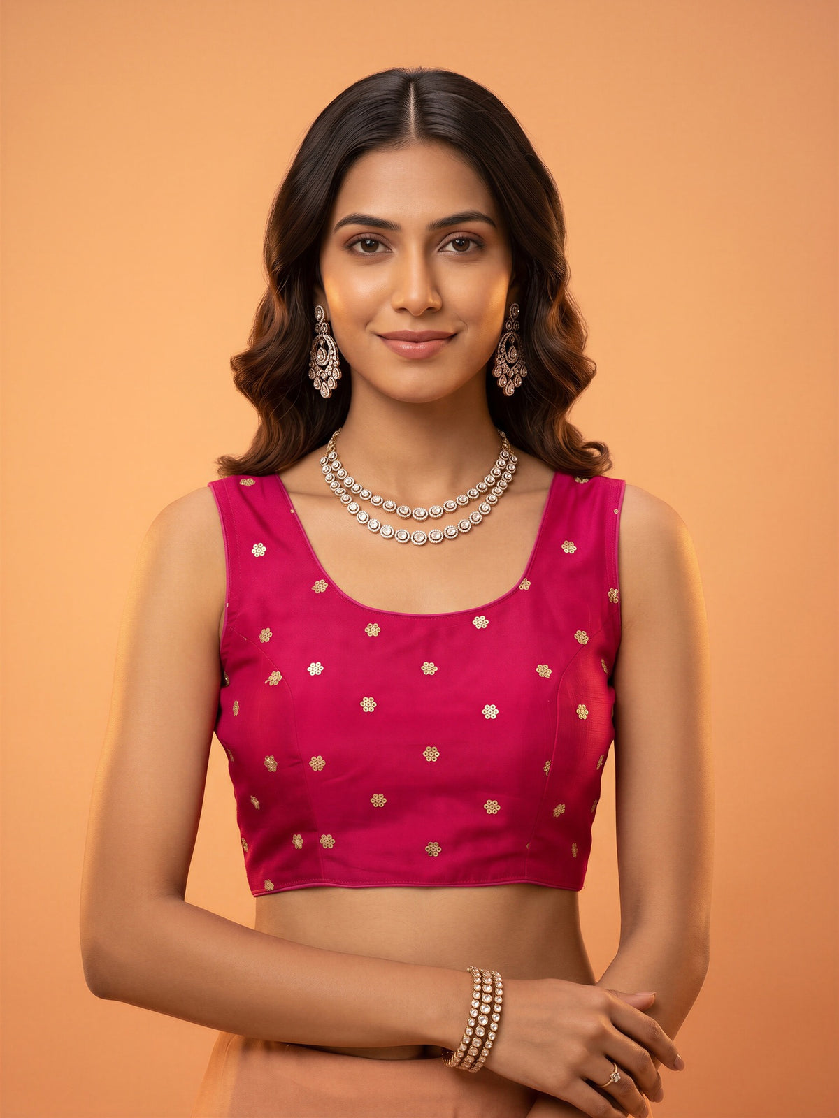 Pink sequin embellished chinnon sleeveless readymade saree blouse with round neck