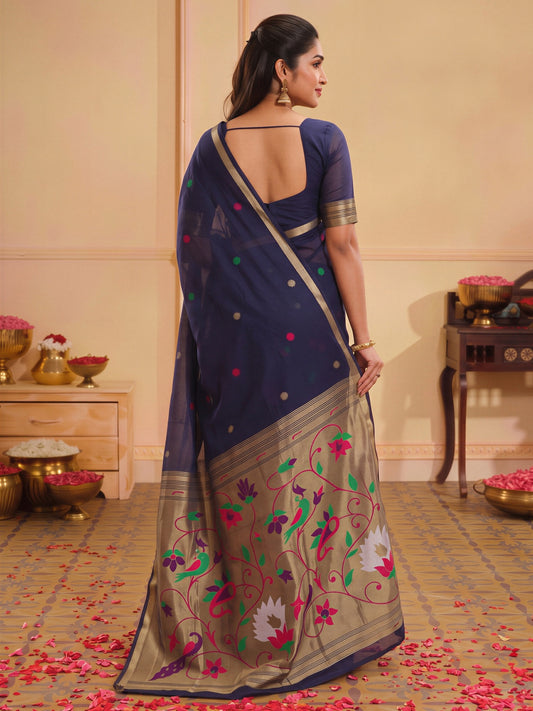 Navy Blue silk blend saree view 1