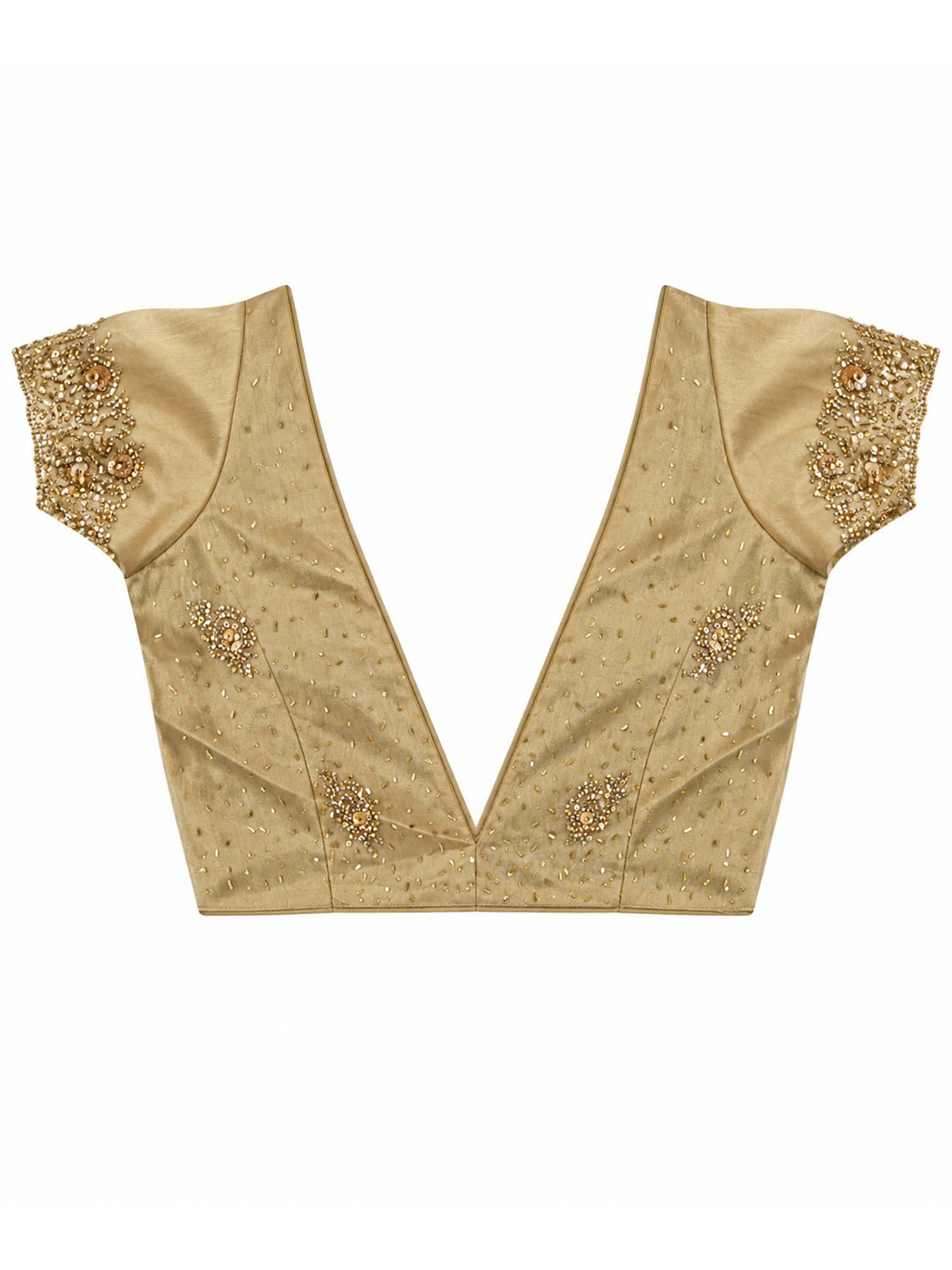Unstitched champagne organza blouse piece with embellished design