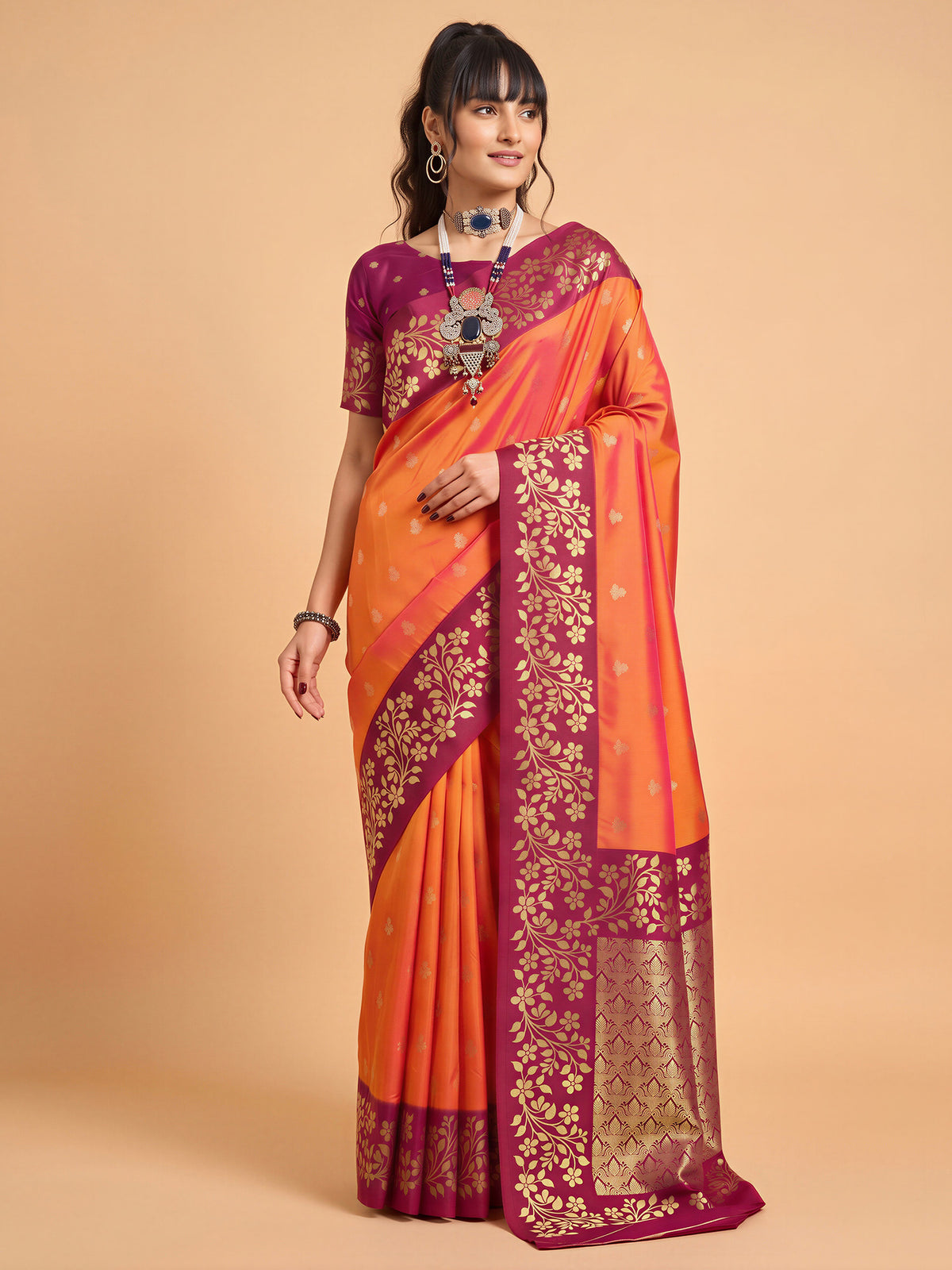 Orange Cotton Blend saree – detail view 3
