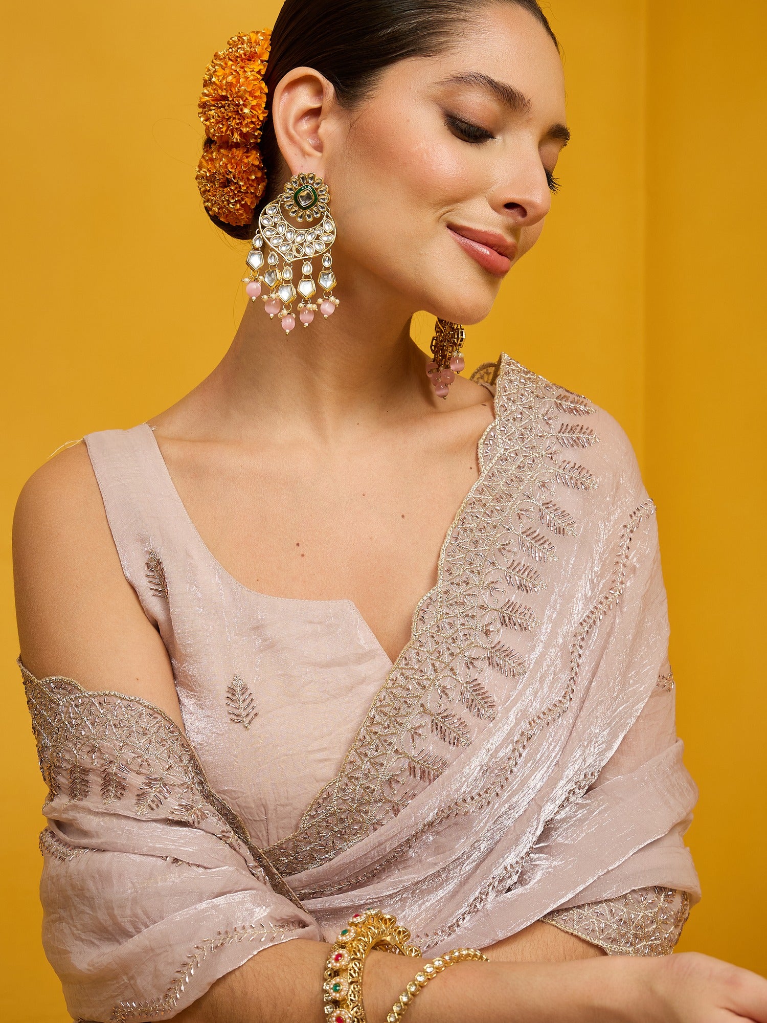 Beige Satin Silk saree – detail view 3