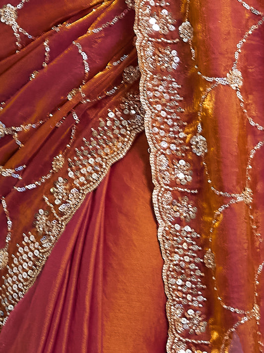 Orange Satin saree – detail view 1