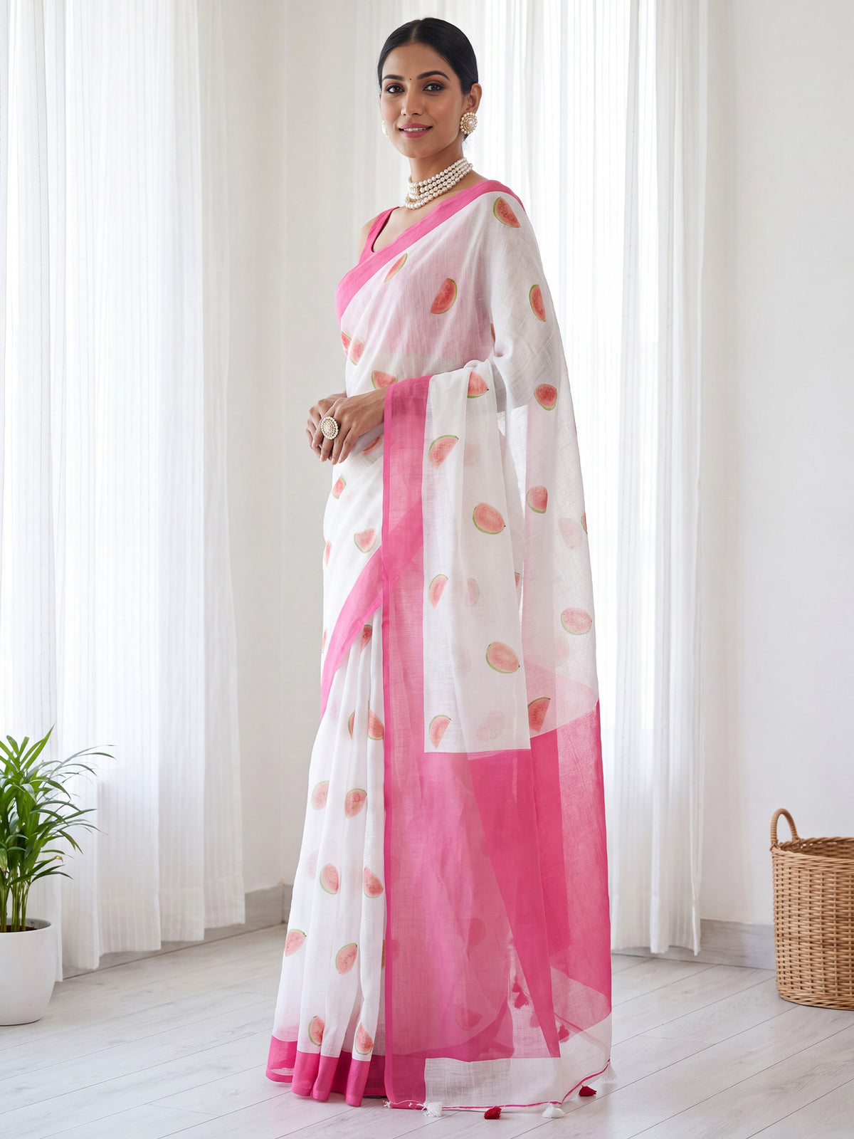 Pink Cotton Linen saree – detail view 2