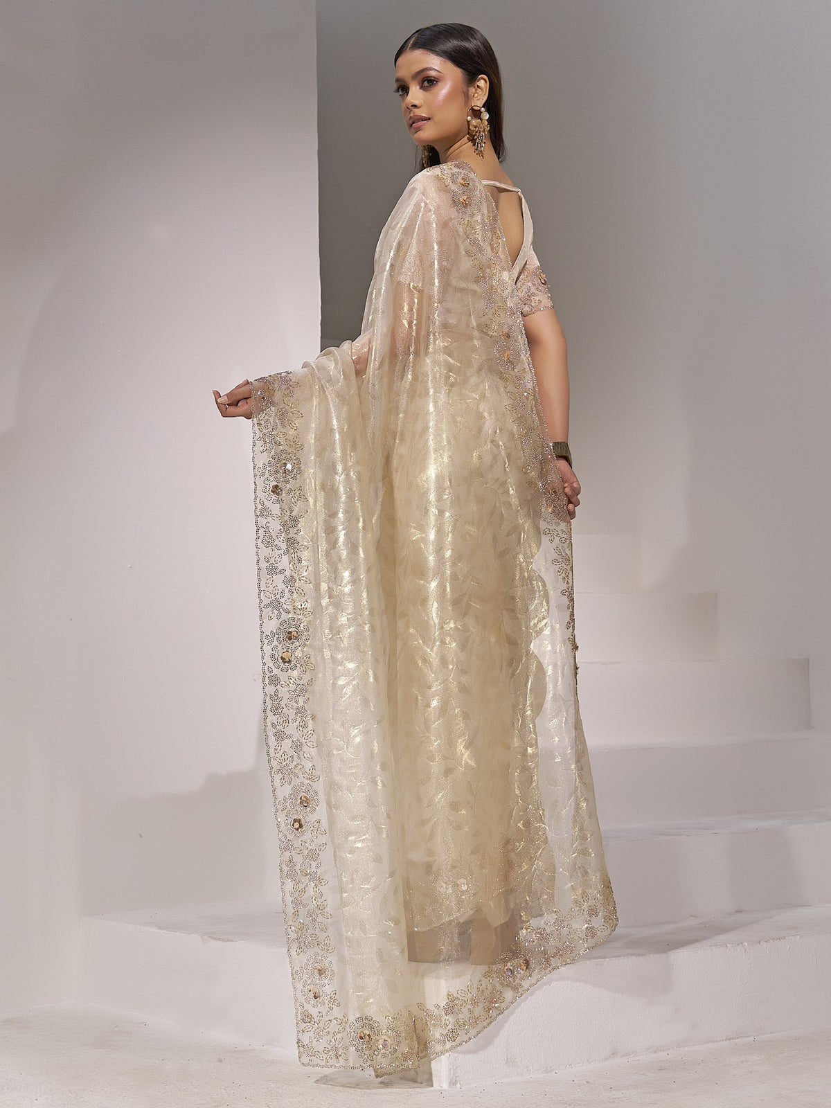 Cream organza saree view 4